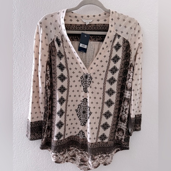 Lucky brand boho geometric 3/4 sleeve V-neck top cotton linen blend size small - Picture 3 of 12